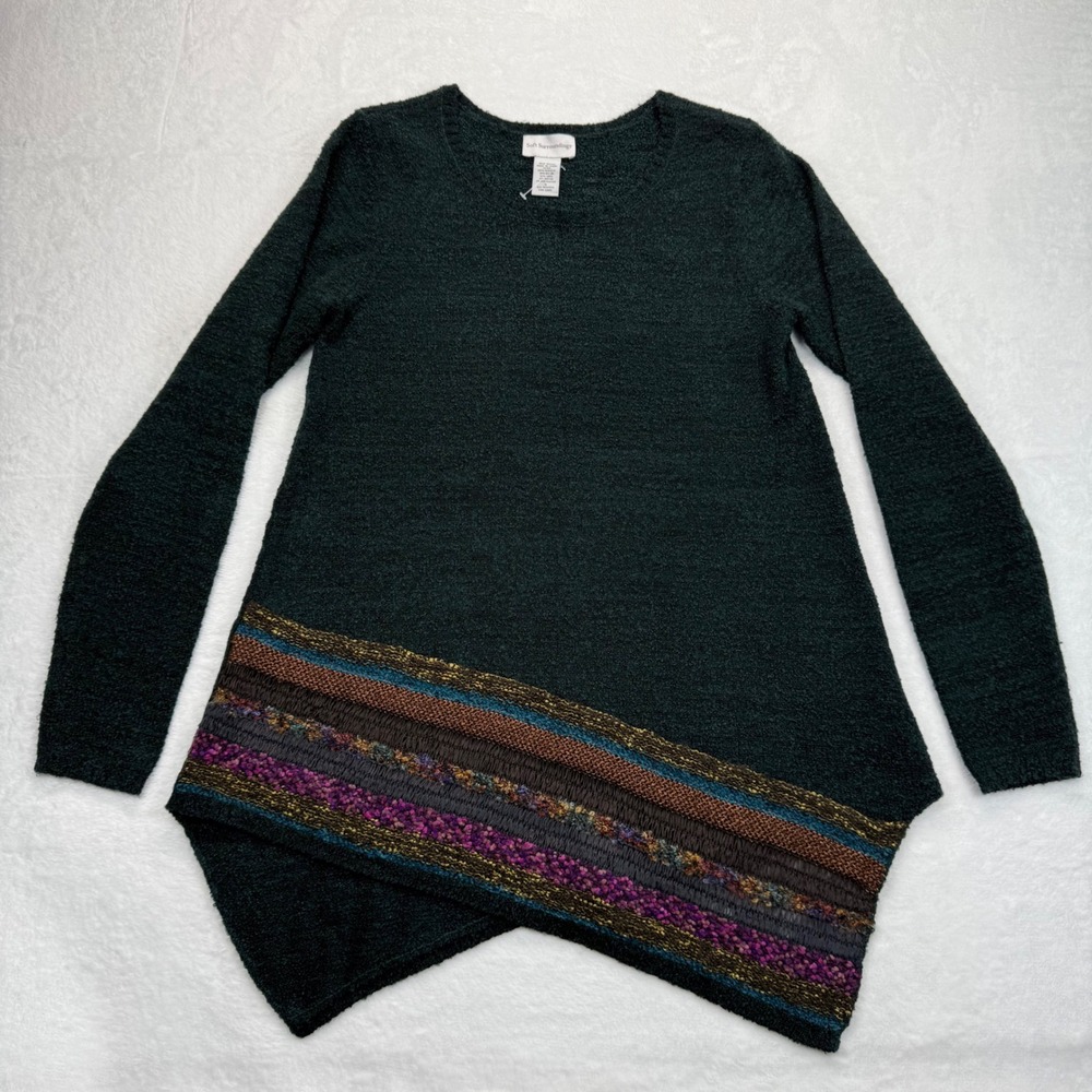Soft Surroundings Tunic Sweater Asymmetrical Knit Trim Green Size S